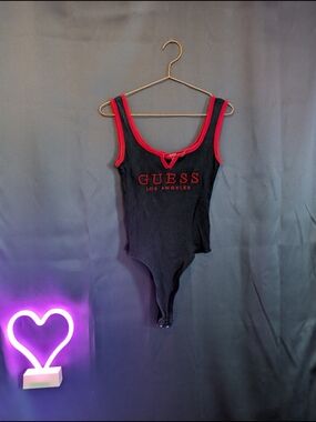 GUESS Black Tank Bodysuit with Red Trim Vintage Y2k Baddie Club